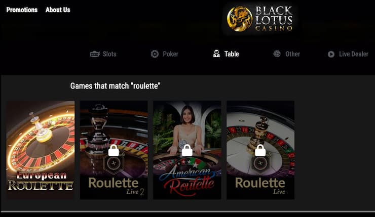 A screenshot of roulette games available at Black Lotus, one of the best mobile roulette apps.